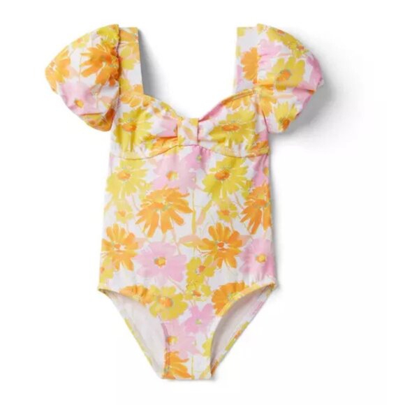 Janie And Jack Girls' Floral Puff Sleeve Swimsuit Size 6 Blazing Orange Size 6 - Picture 2 of 8